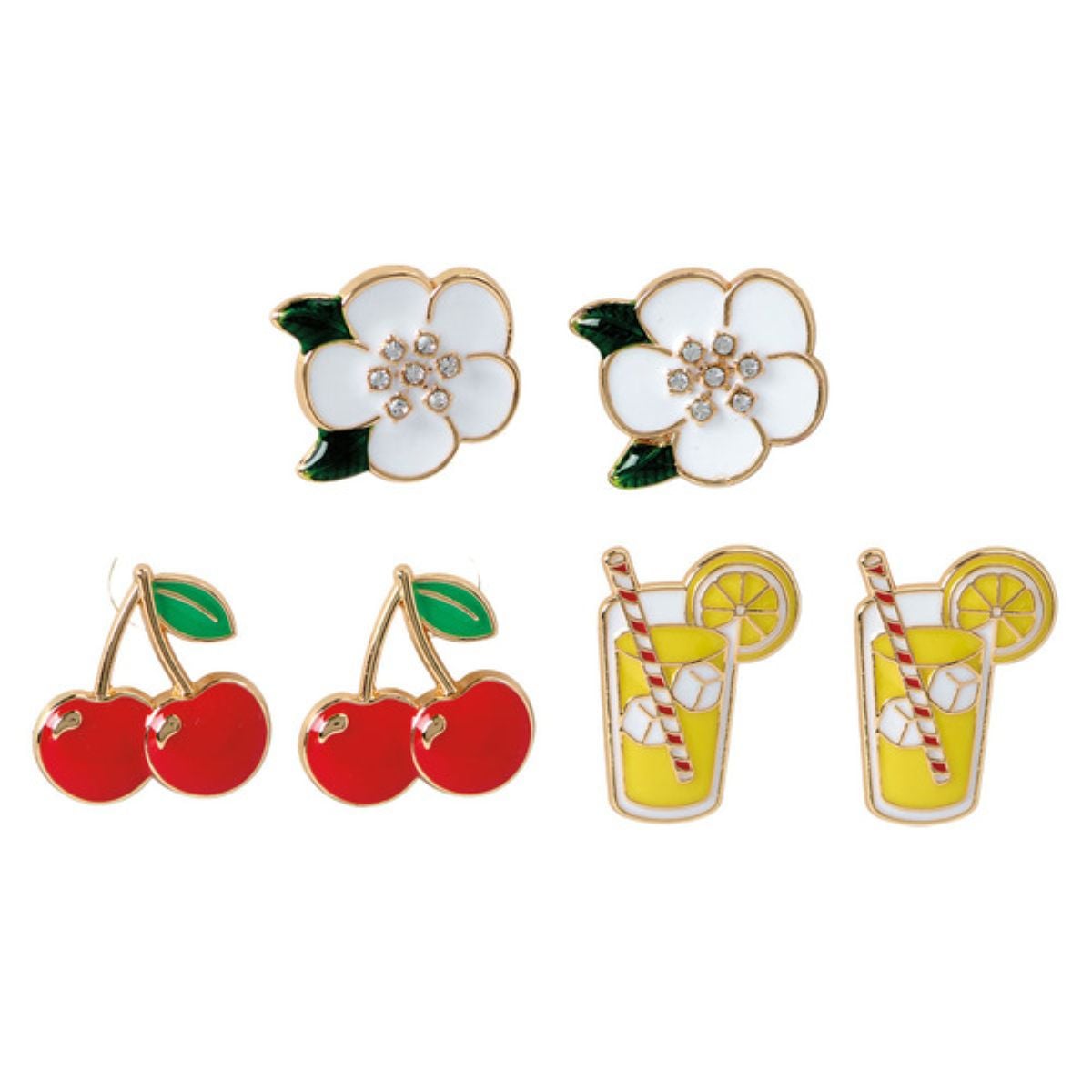 Three pairs of colorful stud earrings: white flowers with green leaves, red cherries with green leaves, and yellow drinks with striped straws and lemon slices.