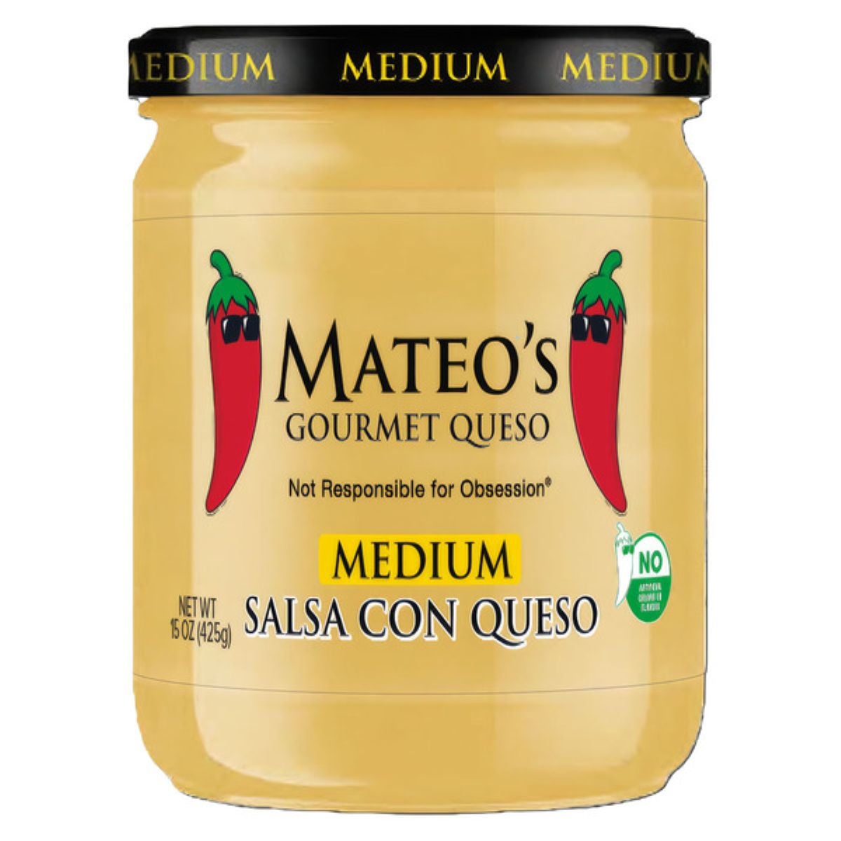 A jar of Mateo’s Gourmet Queso, labeled “Medium Salsa Con Queso.” The label features two red chili peppers with sunglasses and the note “Not Responsible for Obsession.” The jar contains 15 oz (425g) of cheese salsa.