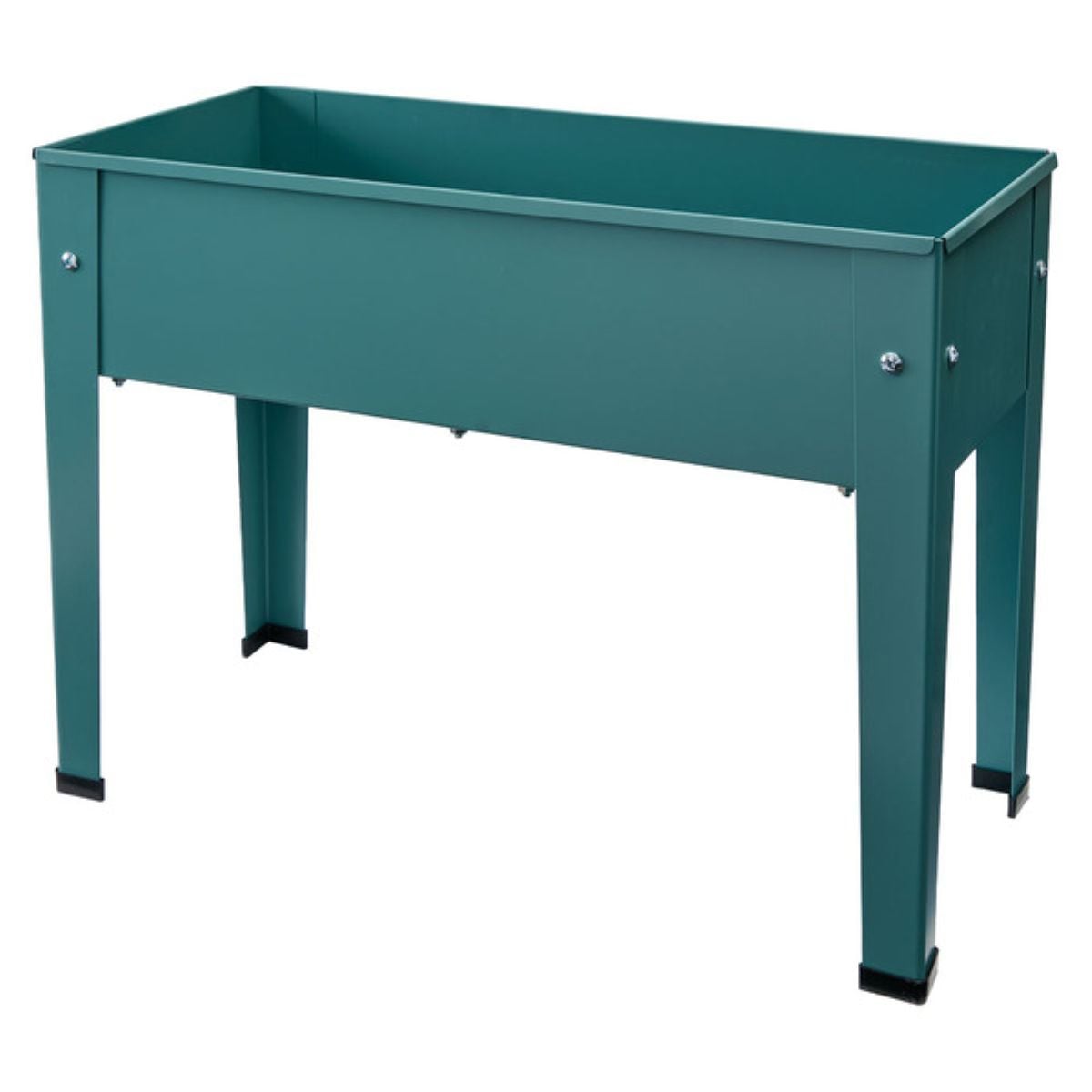 A rectangular, teal-colored raised garden bed planter with four sturdy legs, designed for outdoor use. The planter has a simple, modern design and is elevated off the ground.