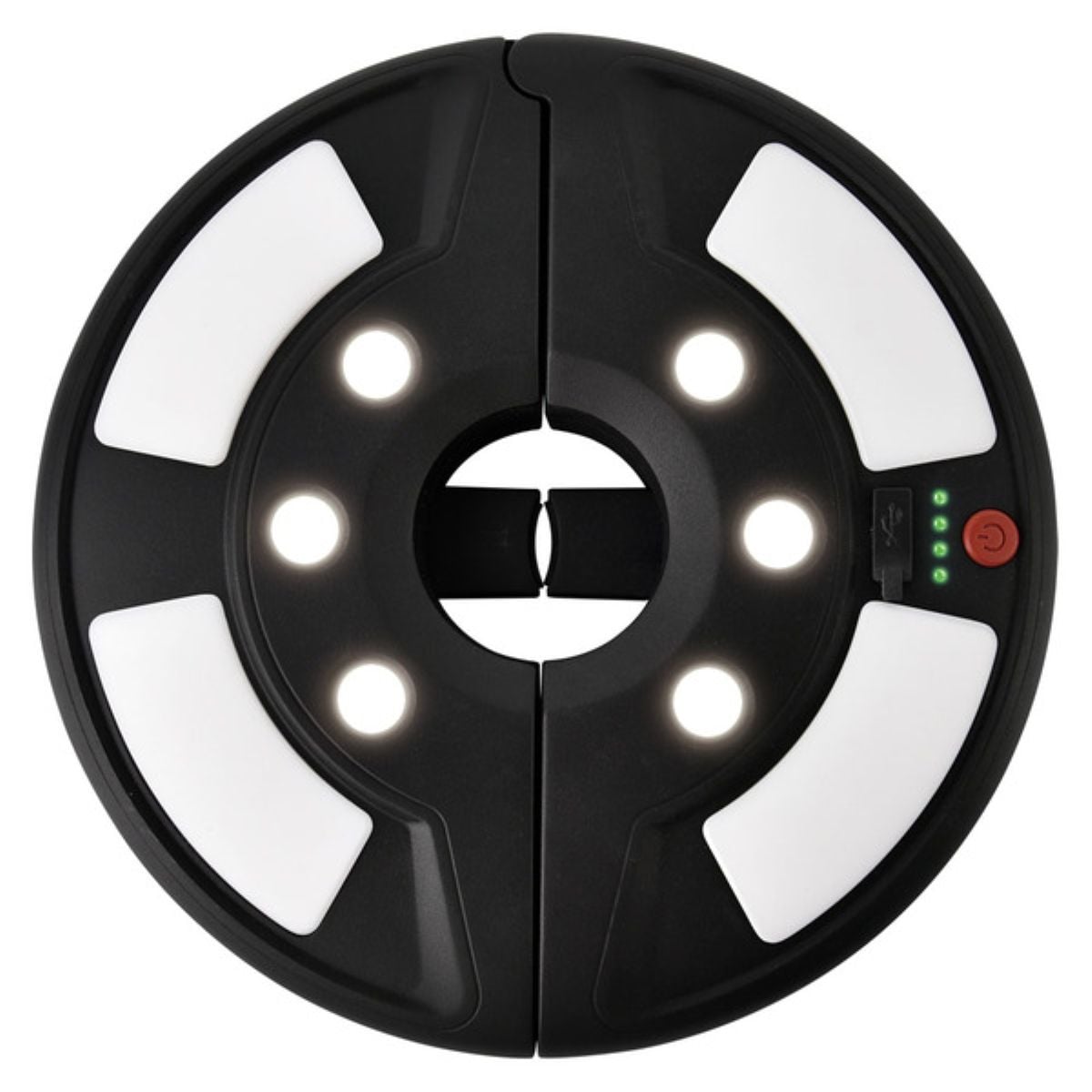 A round, black LED ring light with a split design, four white light panels, six lit bulbs, a row of four green indicator lights, a USB port, and a red power button on the right side.