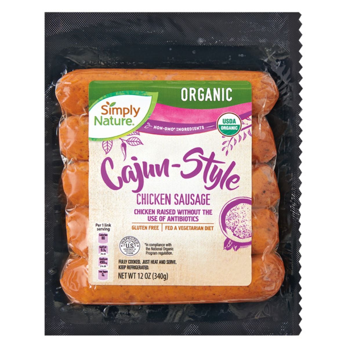 A package of Simply Nature Organic Cajun-Style Chicken Sausage, labeled gluten free, no antibiotics, non-GMO, and suitable for a vegetarian diet. The net weight is 12 oz (340g). Four sausages are visible inside the packaging.
