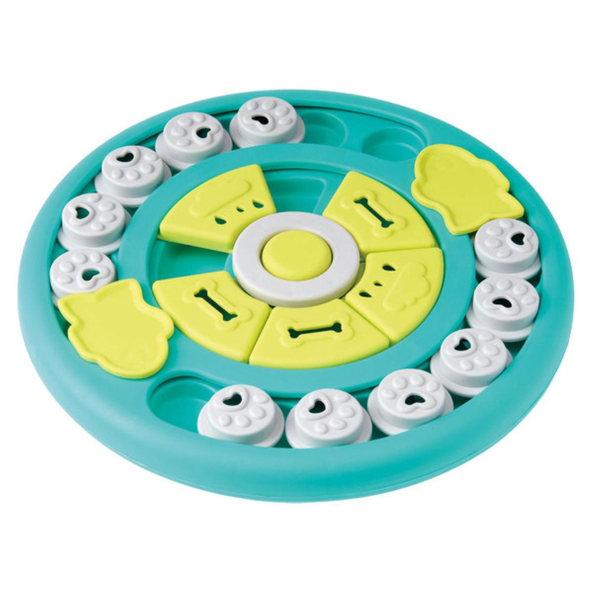 A round, turquoise and yellow interactive dog puzzle toy with sliding compartments and paw-shaped pieces designed for hiding treats.