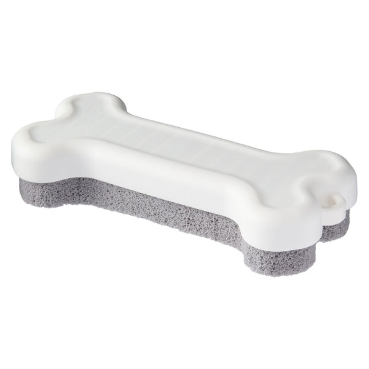 A bone-shaped cleaning sponge with a white top and gray scrubbing surface, designed to resemble a dog bone.