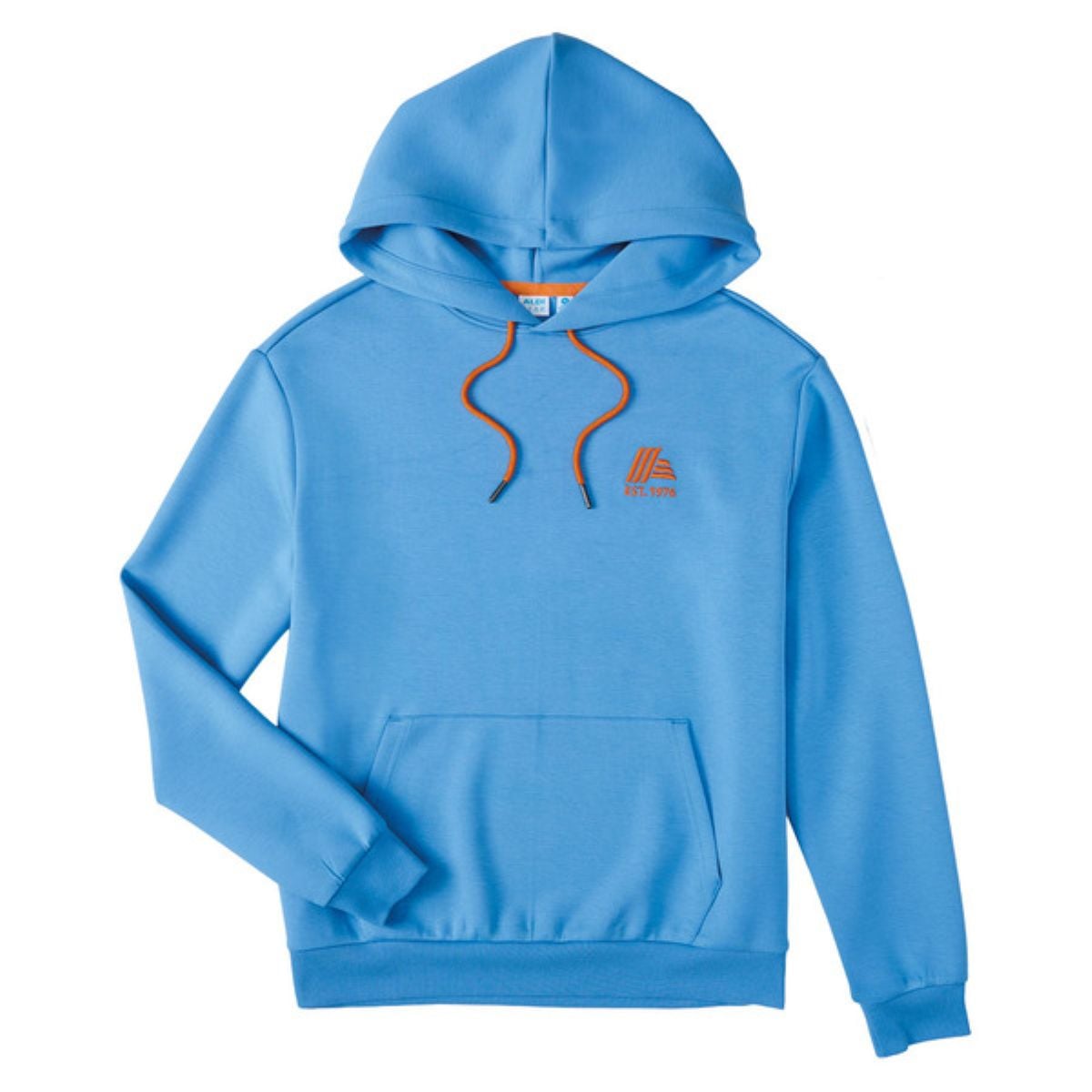 Light blue hooded sweatshirt with a front pocket, orange and blue drawstrings, and a small orange logo on the left chest. The hoodie is laid flat with the left sleeve slightly bent.