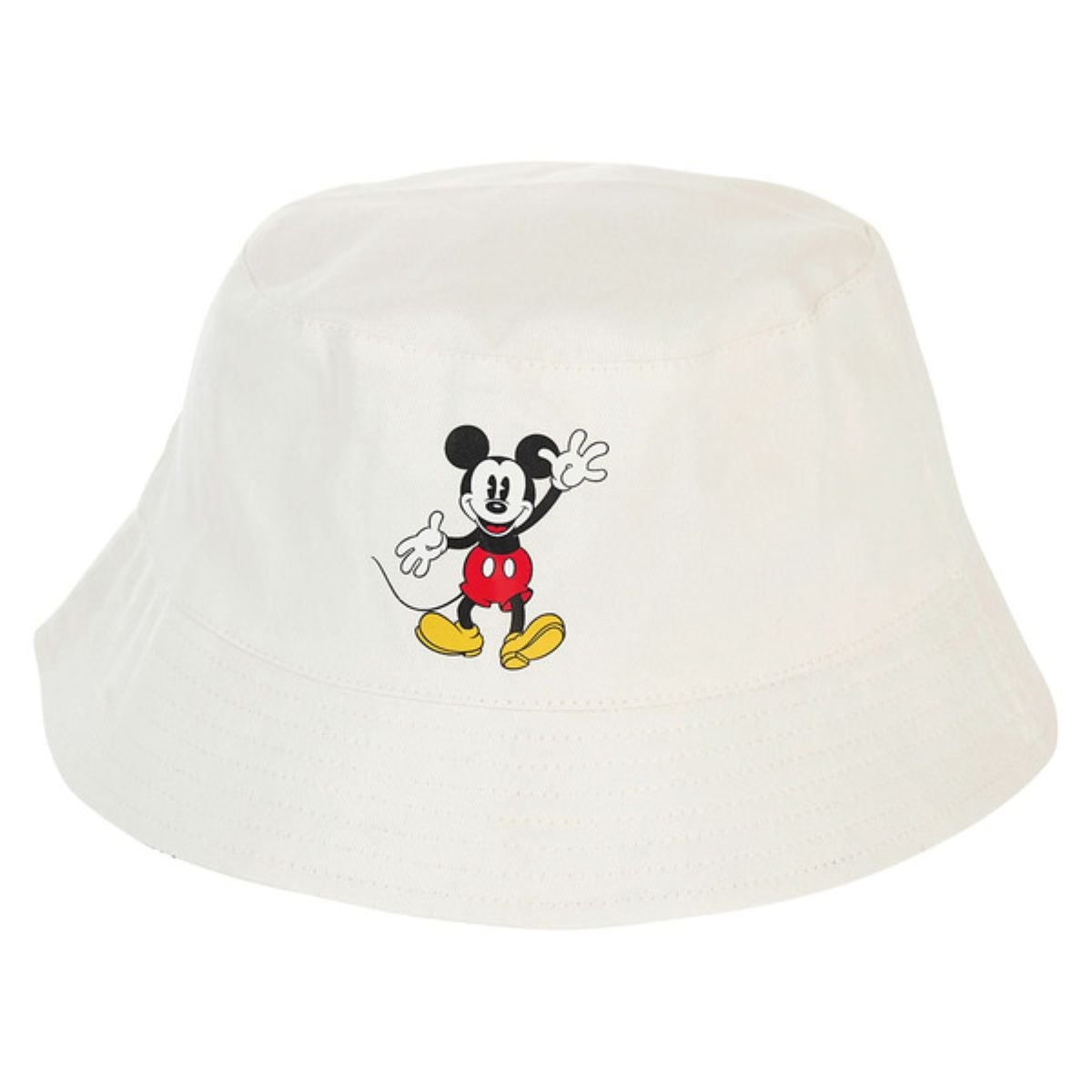 A white bucket hat featuring a small illustration of Mickey Mouse waving, wearing red shorts and yellow shoes, on the front.