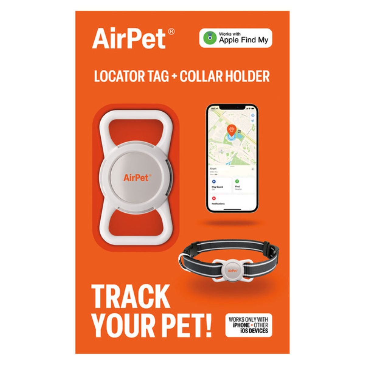 Bright orange packaging showing the AirPet locator tag, collar holder, a phone displaying a map, and the text: “TRACK YOUR PET!” Compatible with Apple Find My. Tag is attached to a pet collar.