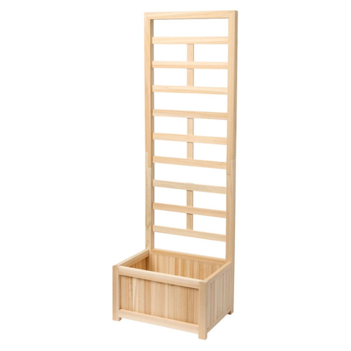 A tall, rectangular wooden planter with an attached lattice trellis for supporting climbing plants. The planter box sits at the base, and the trellis extends vertically above it.