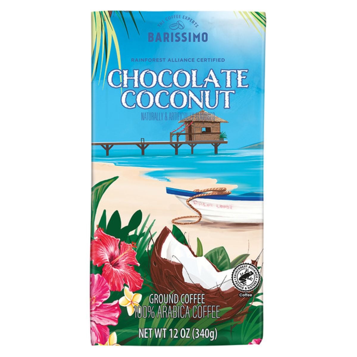 A colorful bag of Barissimo Chocolate Coconut ground coffee features tropical flowers, a cracked coconut, a canoe on the beach, and a hut over clear blue water. The bag is labeled 100% Arabica coffee, 12 oz (340g).