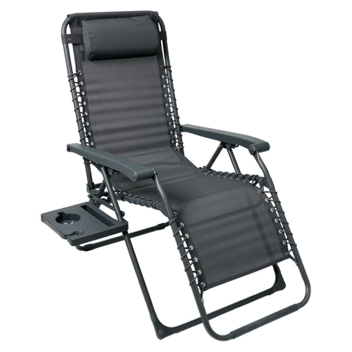 A black reclining outdoor lounge chair with padded headrest, armrests, and a built-in side tray featuring a cup holder. The chair has a sturdy metal frame and is designed for comfort and relaxation.