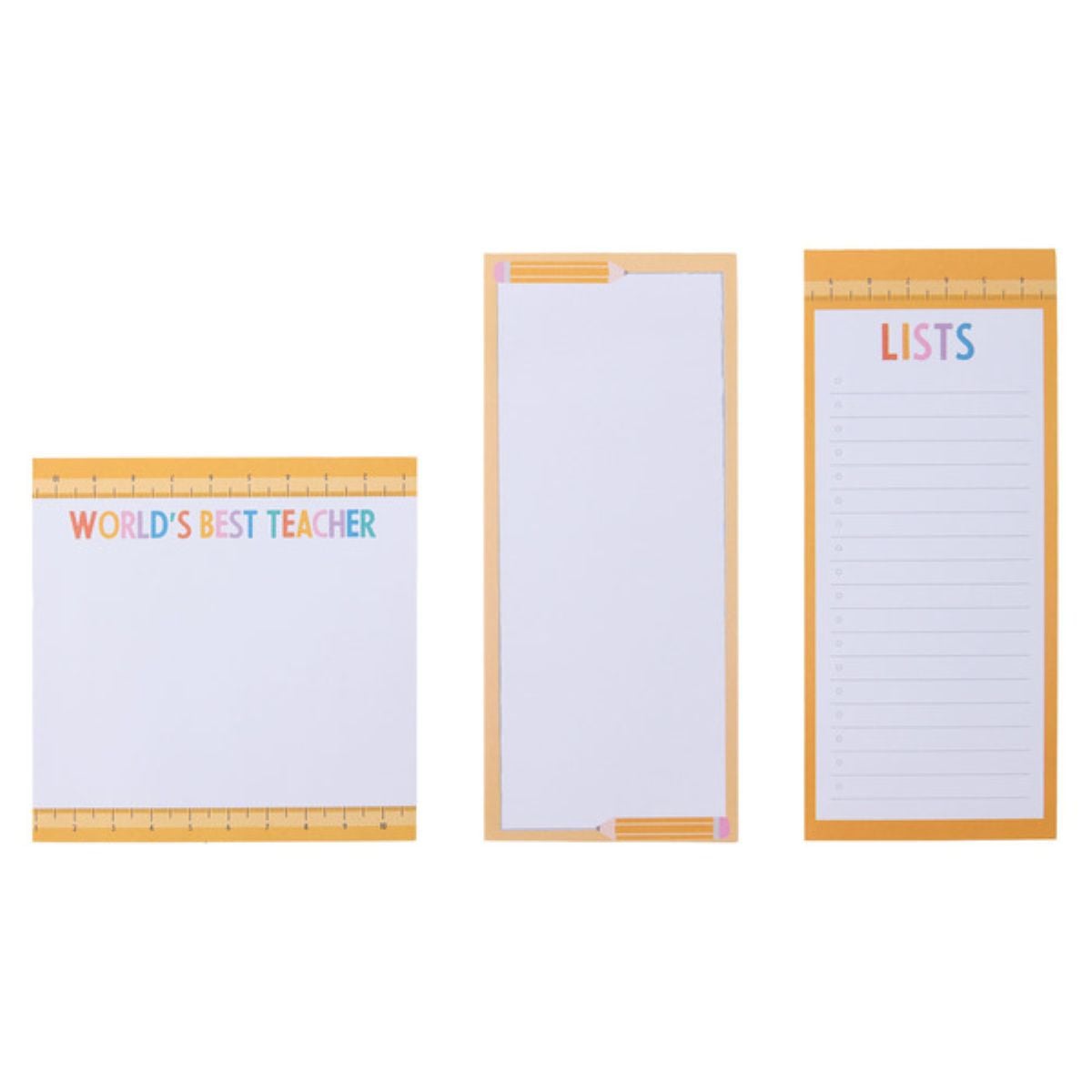 Three notepads: one says "WORLD'S BEST TEACHER," one is blank with pencil and ruler borders, and the third says "LISTS" with numbered lines, all with a yellow ruler-themed edge.