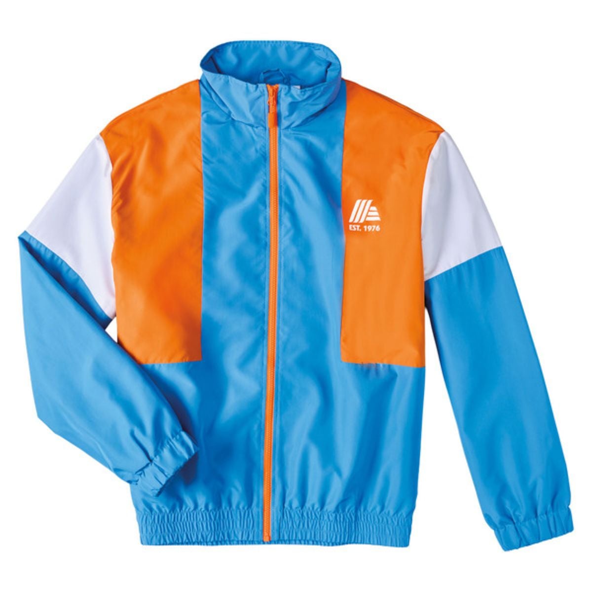 A color-blocked windbreaker jacket with blue sleeves and lower body, orange chest panels, white shoulder accents, a front zipper, elastic cuffs, and a small white logo on the left chest.