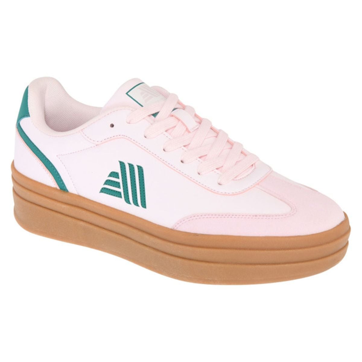 A pink sneaker with a light brown sole, green accent lines, and a green-striped logo on the side. The shoe features pink laces and white details around the heel and tongue.