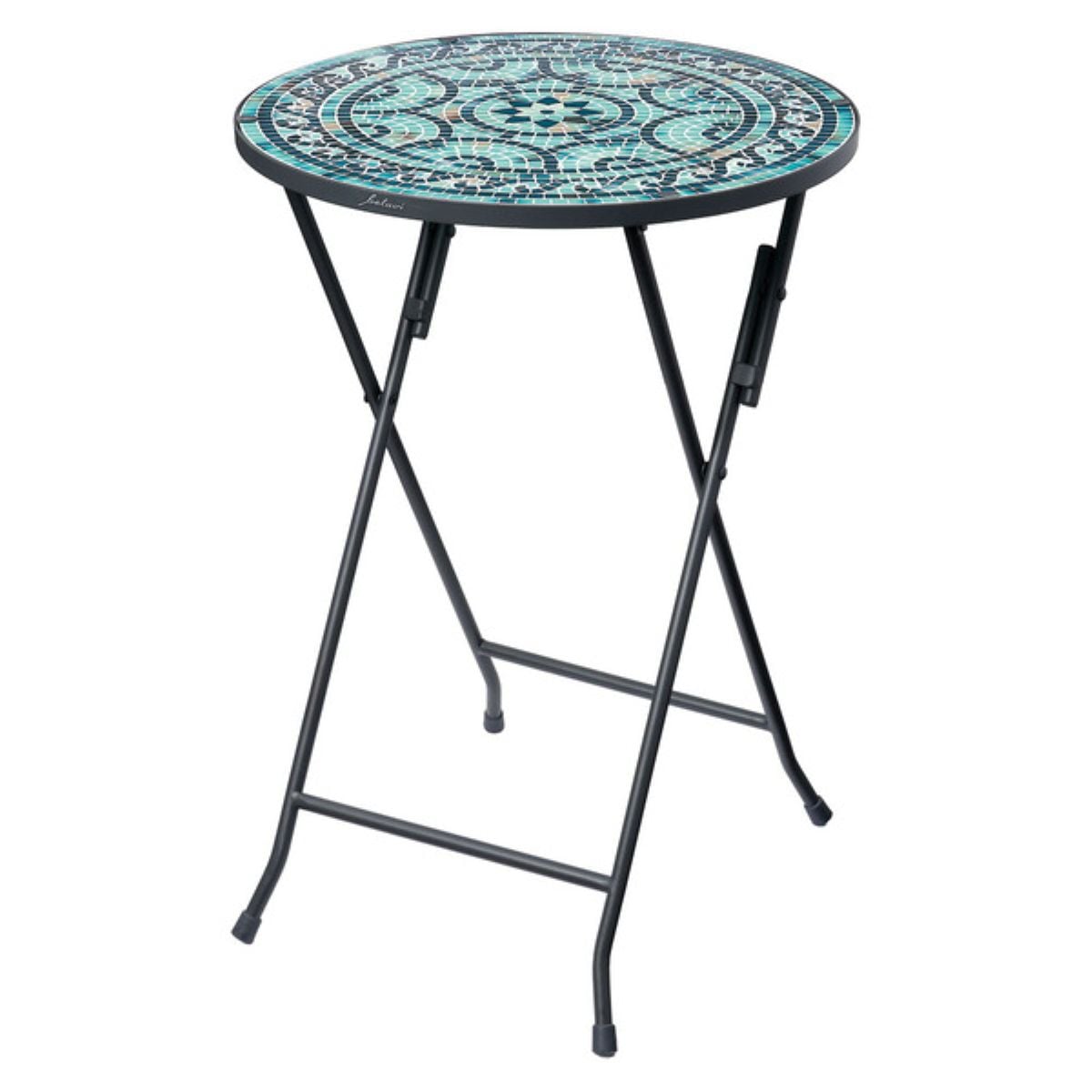 A small, round folding table with black metal legs and a decorative mosaic tabletop featuring blue, green, and white geometric patterns.