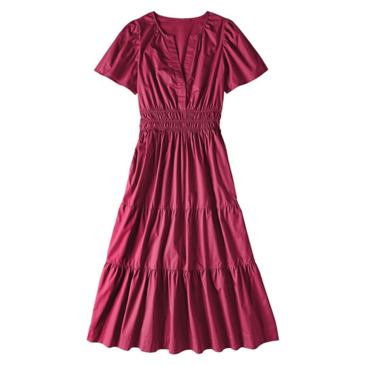 A knee-length, short-sleeved, deep pink dress with a V-neckline, fitted waist, and tiered ruffle skirt.