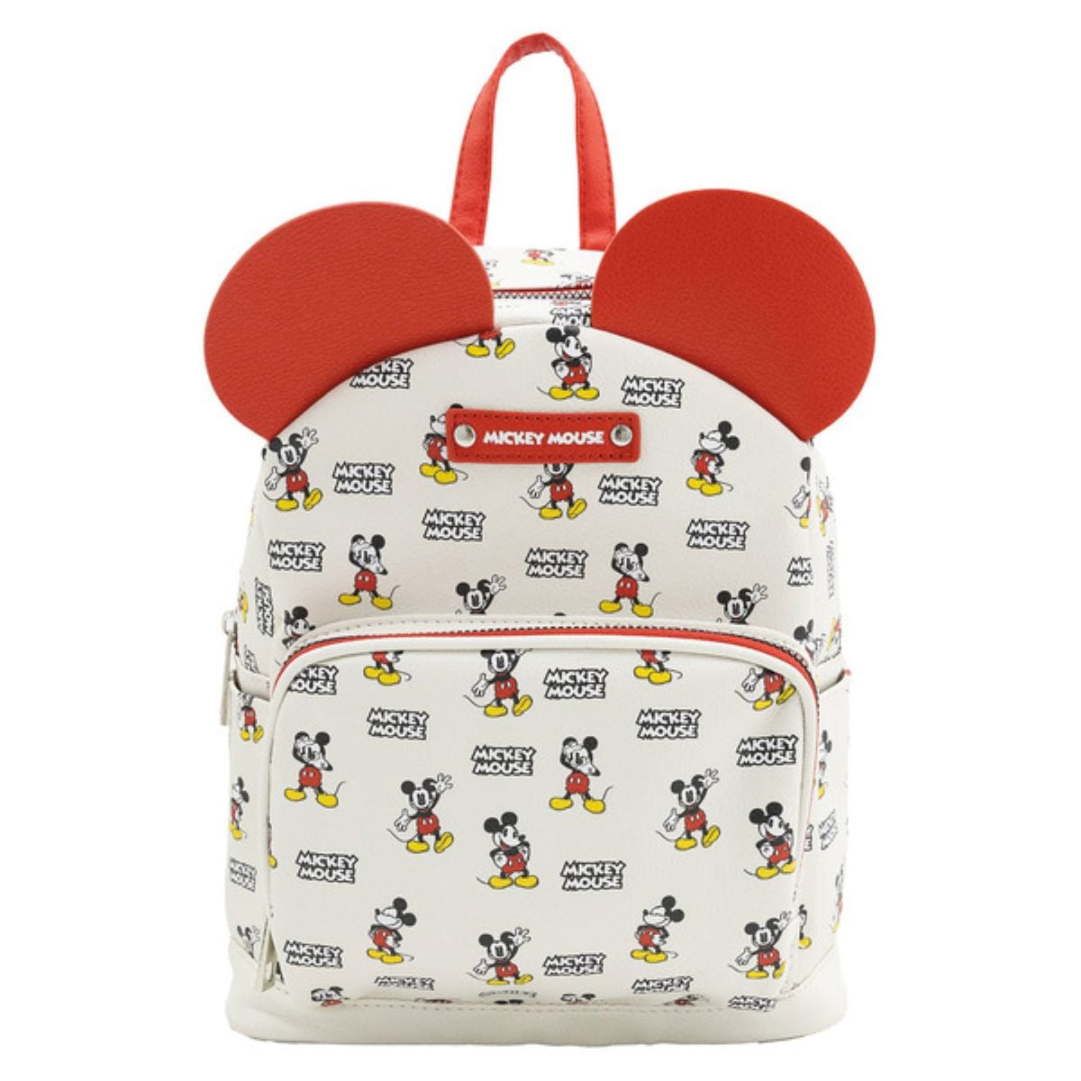 White backpack with red straps and Mickey Mouse ear-shaped accents on top, covered in a pattern of classic Mickey Mouse images and logos. The front has a small zip pocket and a "Mickey Mouse" label.