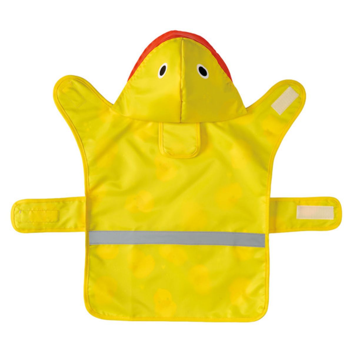 Bright yellow children's rain poncho with a hood featuring cartoon eyes and a red trim. The poncho has wide arm flaps, hook-and-loop fasteners, and a reflective horizontal stripe near the bottom.