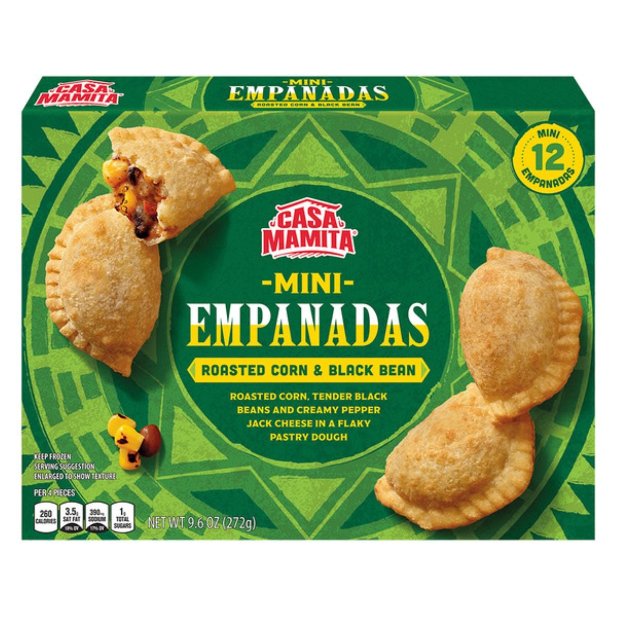A green box of Casa Mamita Mini Empanadas, roasted corn & black bean flavor, with an image of empanadas showing their filling. The box highlights 12 mini empanadas and key ingredients on the front. Net weight is 9.6 oz (272g).