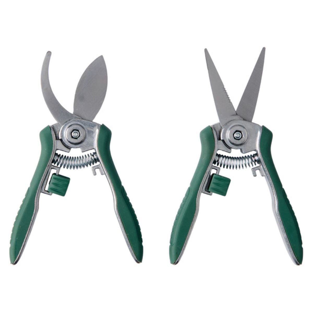 Two garden pruning shears with green handles, one with curved blades and one with straight blades, are displayed side by side on a white background.