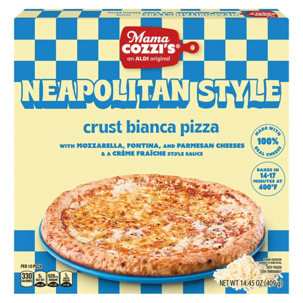Mama Cozzi’s Neapolitan Style Crust Bianca Pizza box, featuring a cooked pizza topped with mozzarella, fontina, and parmesan on a checkered blue and yellow background. Text highlights cheese varieties and baking instructions.