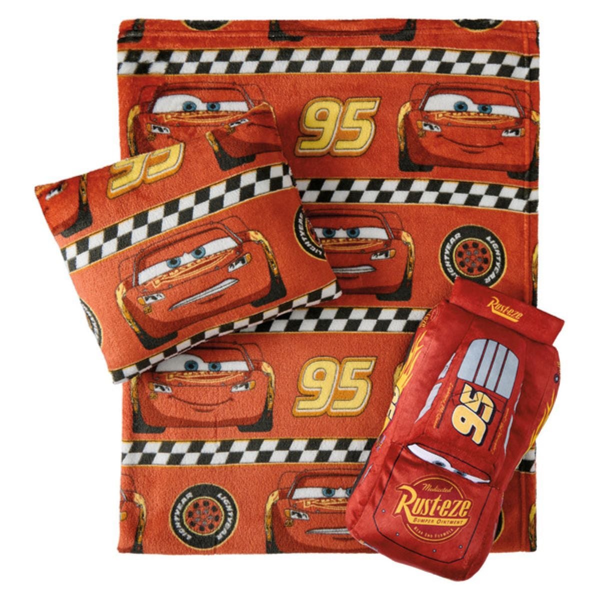 A children's bedding set featuring Disney Pixar's Cars character Lightning McQueen, including a blanket, pillow, and plush car, all decorated with red, yellow, and black racing designs and the number 95.