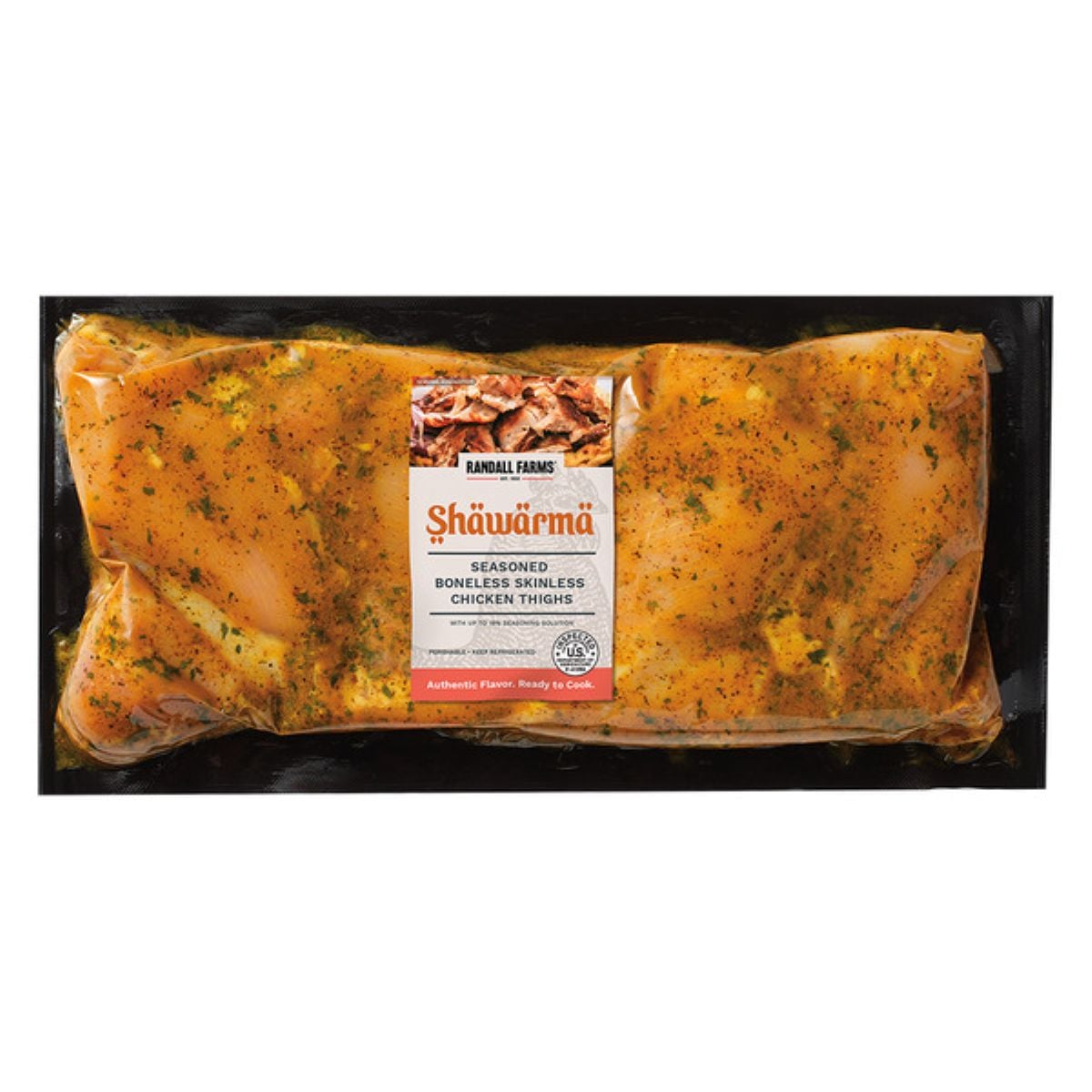 Vacuum-sealed package of Randall Farms Shawarma seasoned boneless skinless chicken thighs, with visible spices and herbs on the raw chicken inside clear plastic packaging.
