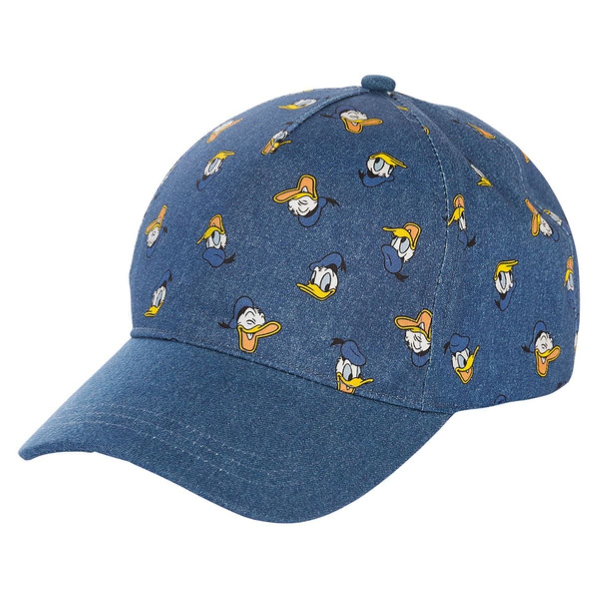 A blue baseball cap featuring an all-over print of Donald Duck’s face in various playful expressions and yellow hats.