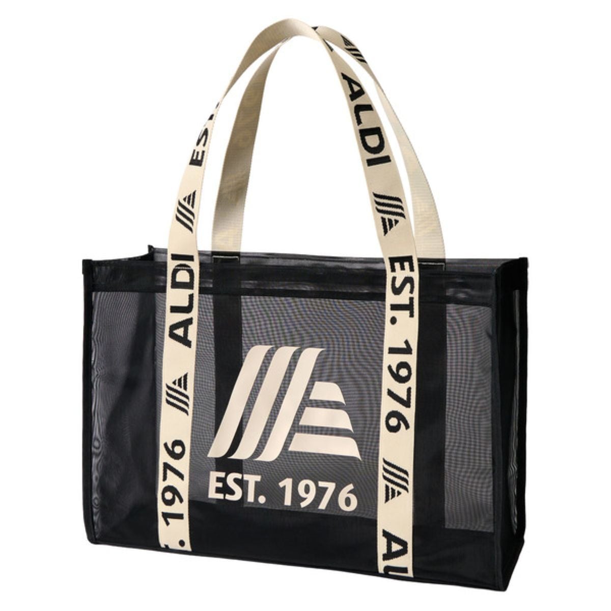 A black mesh tote bag with cream-colored handles featuring the text "ALDI" and "EST. 1976" along with a large diagonal-striped logo on the front.