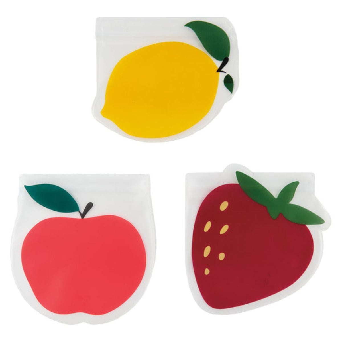 Three reusable silicone food storage bags shaped like fruit: a yellow lemon with a green leaf, a red apple with a green leaf, and a red strawberry with green leaves and yellow seeds, all on a white background.