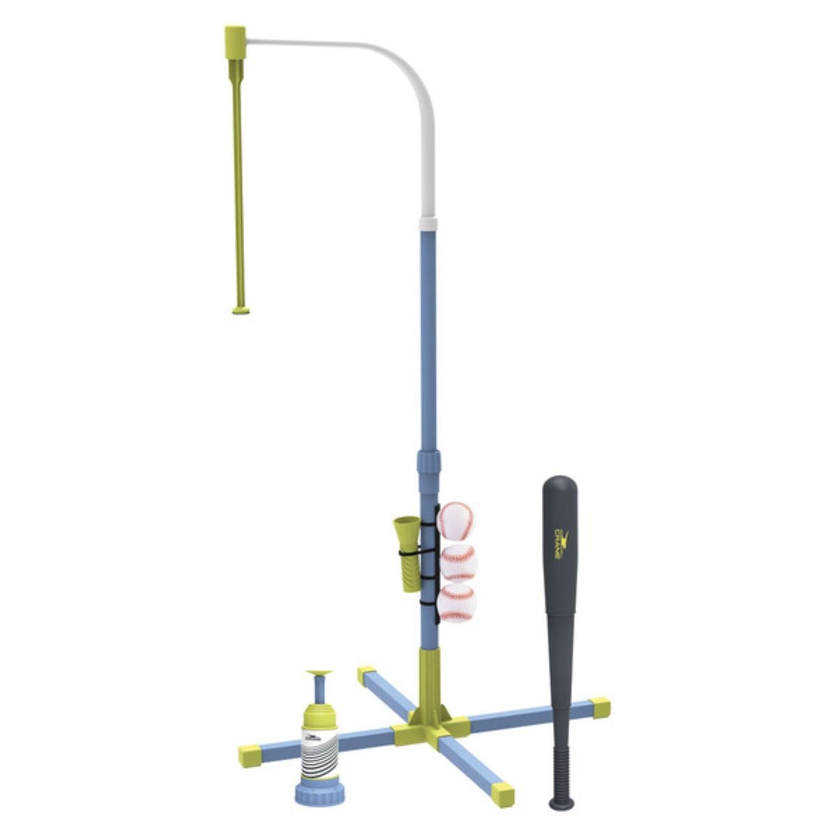 A kids' baseball training set with a blue and green stand, attached ball holder, three balls, a black bat, and a spring-loaded tee, designed to help children practice hitting.