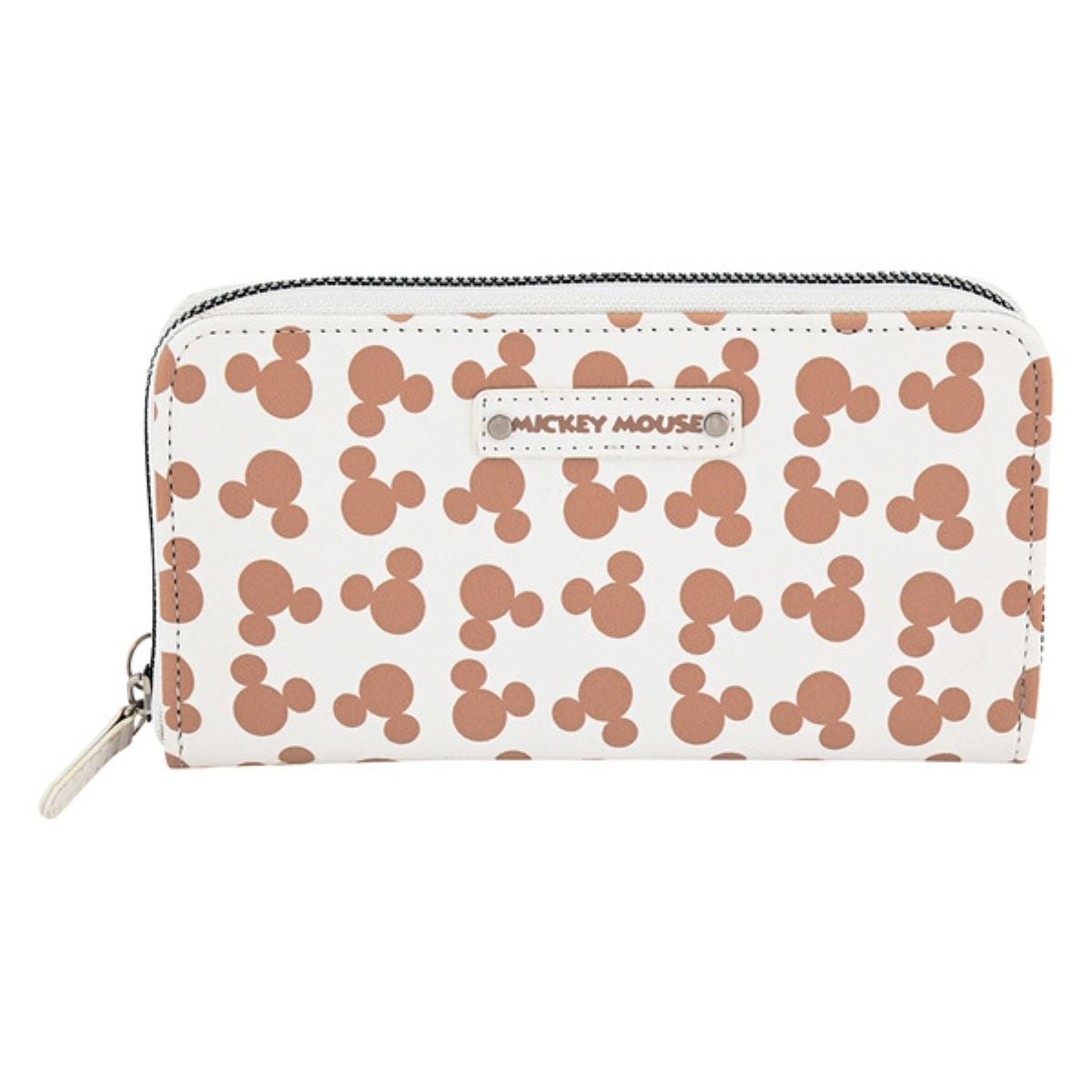 A white zippered wallet with an all-over pattern of brown Mickey Mouse head silhouettes and a small label on the front that says "Mickey Mouse.