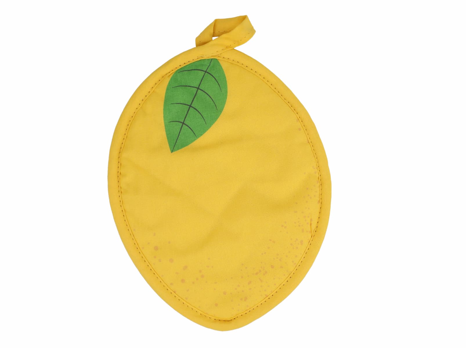 A yellow, oval-shaped fabric potholder with a green leaf detail at the top and a small loop for hanging, resembling a lemon, on a white background.