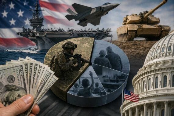 A collage shows U.S. dollars, a u.s. military ship, jet, tank, soldier, people, a child in a classroom, and the U.S. Capitol with a pie chart overlay, symbolizing budget allocation to the u.s. military and social programs.