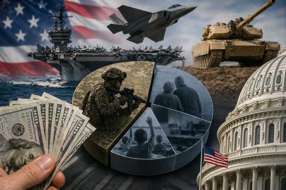 A collage shows U.S. dollars, a u.s. military ship, jet, tank, soldier, people, a child in a classroom, and the U.S. Capitol with a pie chart overlay, symbolizing budget allocation to the u.s. military and social programs.