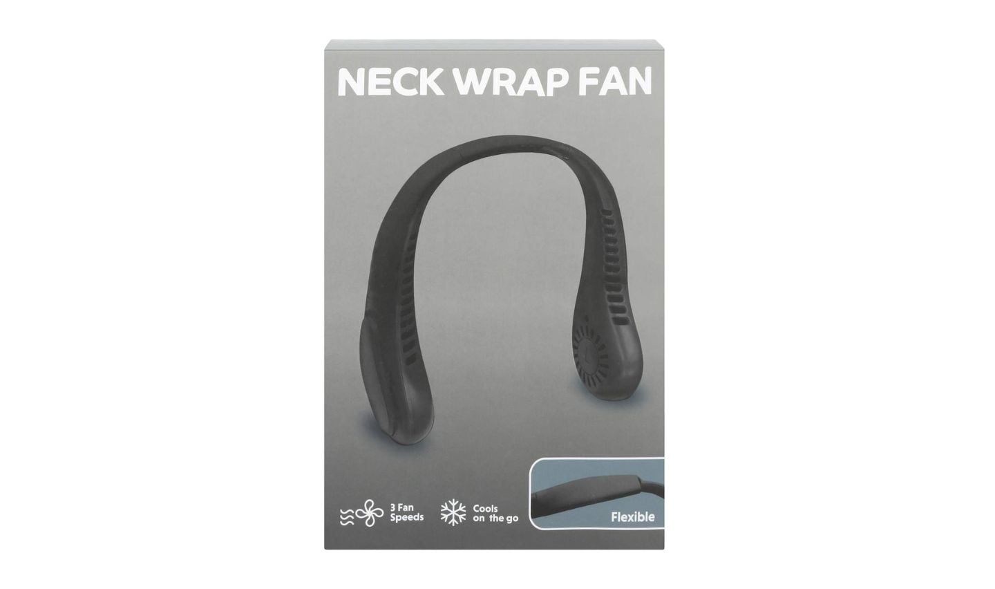 A gray product box featuring a black neck wrap fan—a standout among new Five Below products. The box displays "Neck Wrap Fan," highlights features like 3 fan speeds and flexibility, and shows a small image of the fan bent at an angle.