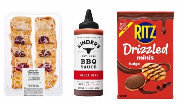 A plastic tray of assorted mini Danish pastries, a bottle of Kinder&rsquo;s Sweet Heat BBQ sauce, and a box of Ritz Drizzled Minis Fudge crackers&mdash;some tasty New Walmart Grocery Items&mdash;are displayed side by side against a white background.