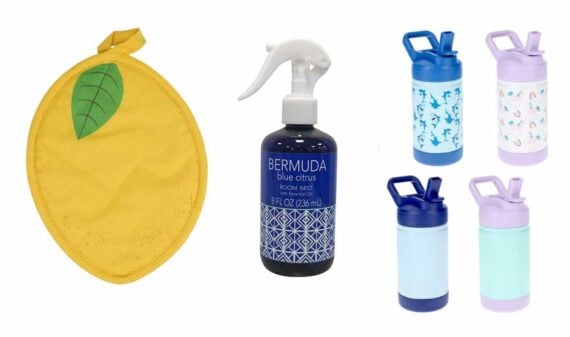 Discover new Dollar Tree items April 2026: a yellow lemon-shaped potholder, a "BERMUDA blue citrus room mist" spray bottle, and four pastel water bottles with blue or purple lids and fun patterns.