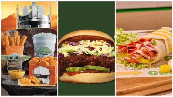 A collage of three new fast-food menu items: left, a Star Wars-themed Burger King meal with toys and blue milkshake; center, a burger with pickles and slaw; right, a Subway wrap with turkey and veggies on a cutting board.