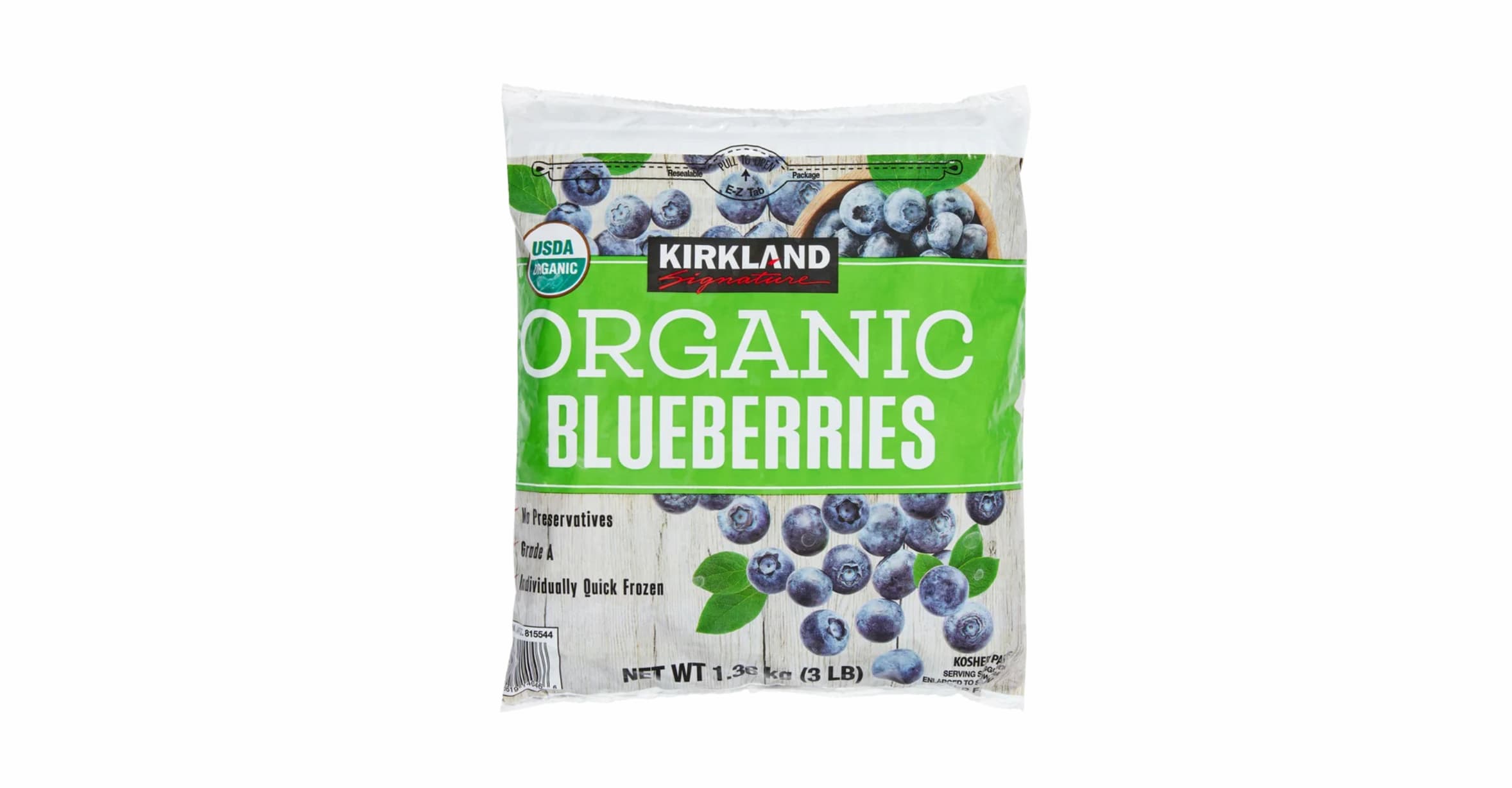 A clear plastic bag of Kirkland Signature Organic Blueberries with a green and white label, featuring images of blueberries and text indicating it is USDA organic and contains 3 pounds.