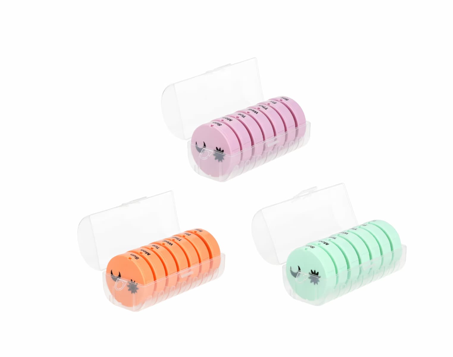 Three translucent plastic cases, each containing a row of round, colorful pill organizers in pink, orange, and mint green. Each pill organizer features a cute cat face design.