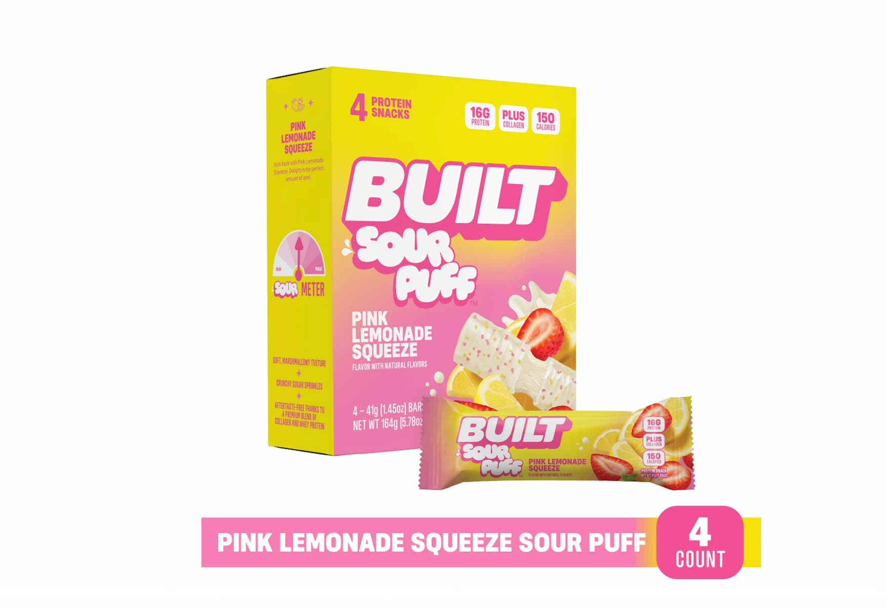 A box and a single bar of Built Sour Puff Pink Lemonade Squeeze protein snacks, featuring images of lemons and strawberries. The packaging is yellow and pink, and highlights "4 count," "16g protein," and "150 calories.