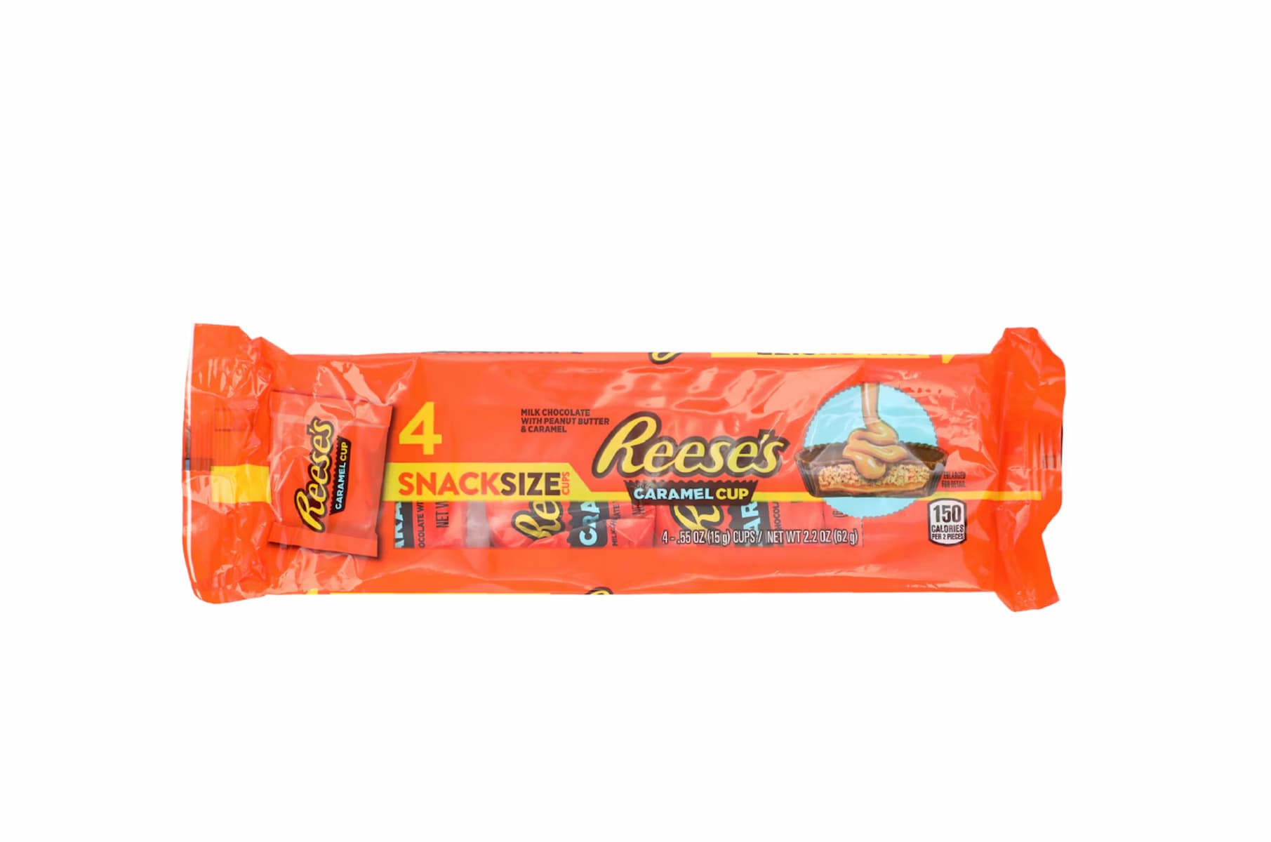 A package of Reese's Caramel Cup snack size candies, containing four pieces, with an orange wrapper and an image of the chocolate caramel peanut butter cups on the front.
