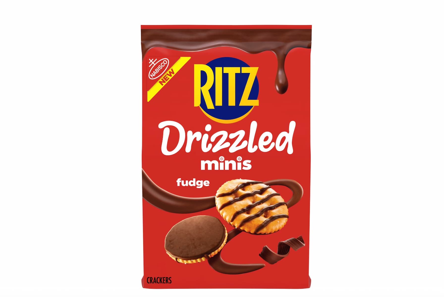 A red package of RITZ Drizzled Minis Fudge crackers, featuring images of round crackers drizzled with fudge and covered in chocolate, with flowing fudge accents on the packaging.