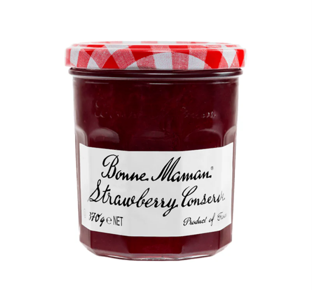 A jar of Bonne Maman Strawberry Conserve with a red and white checkered lid and a white label displaying the brand and product name. The jar contains 370 grams of strawberry preserve.