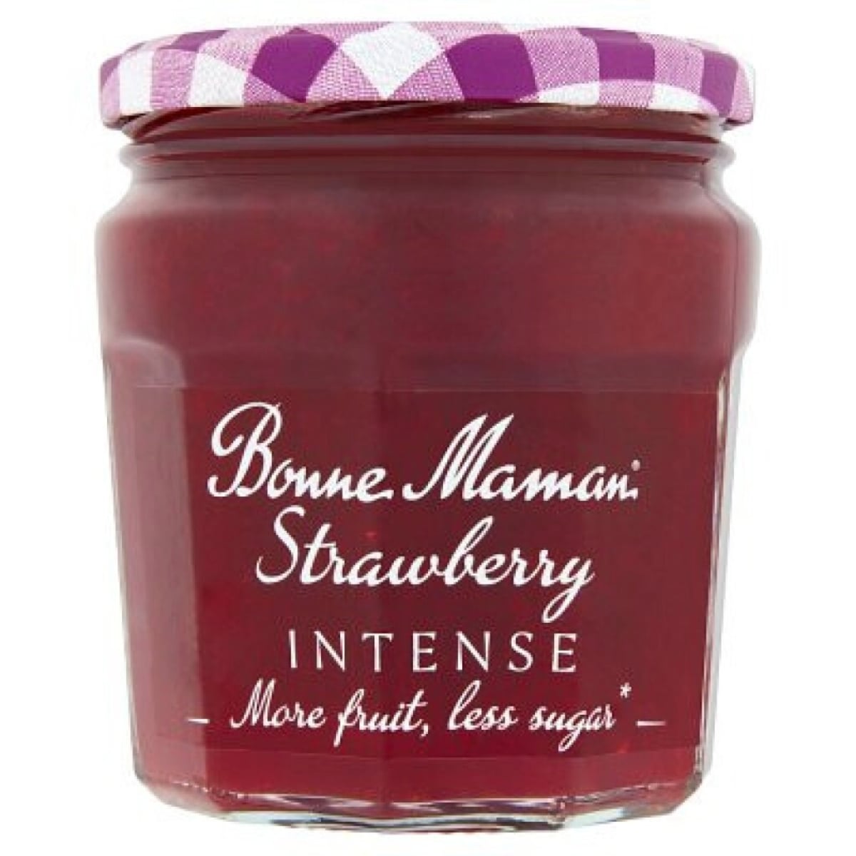 A jar of Bonne Maman Intense Strawberry preserve with a purple and white checkered lid. The label reads "Bonne Maman Strawberry Intense, More fruit, less sugar.