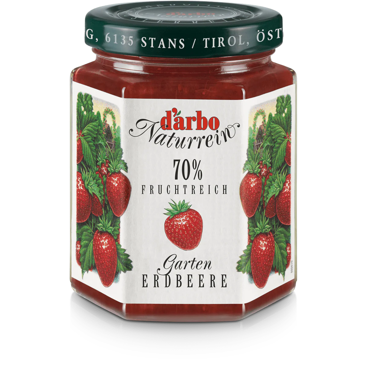 A hexagonal jar of D'arbo Naturrein strawberry garden jam with a white label featuring strawberries and green leaves. The label states "70% fruchtreich" and "Garten Erdbeere.