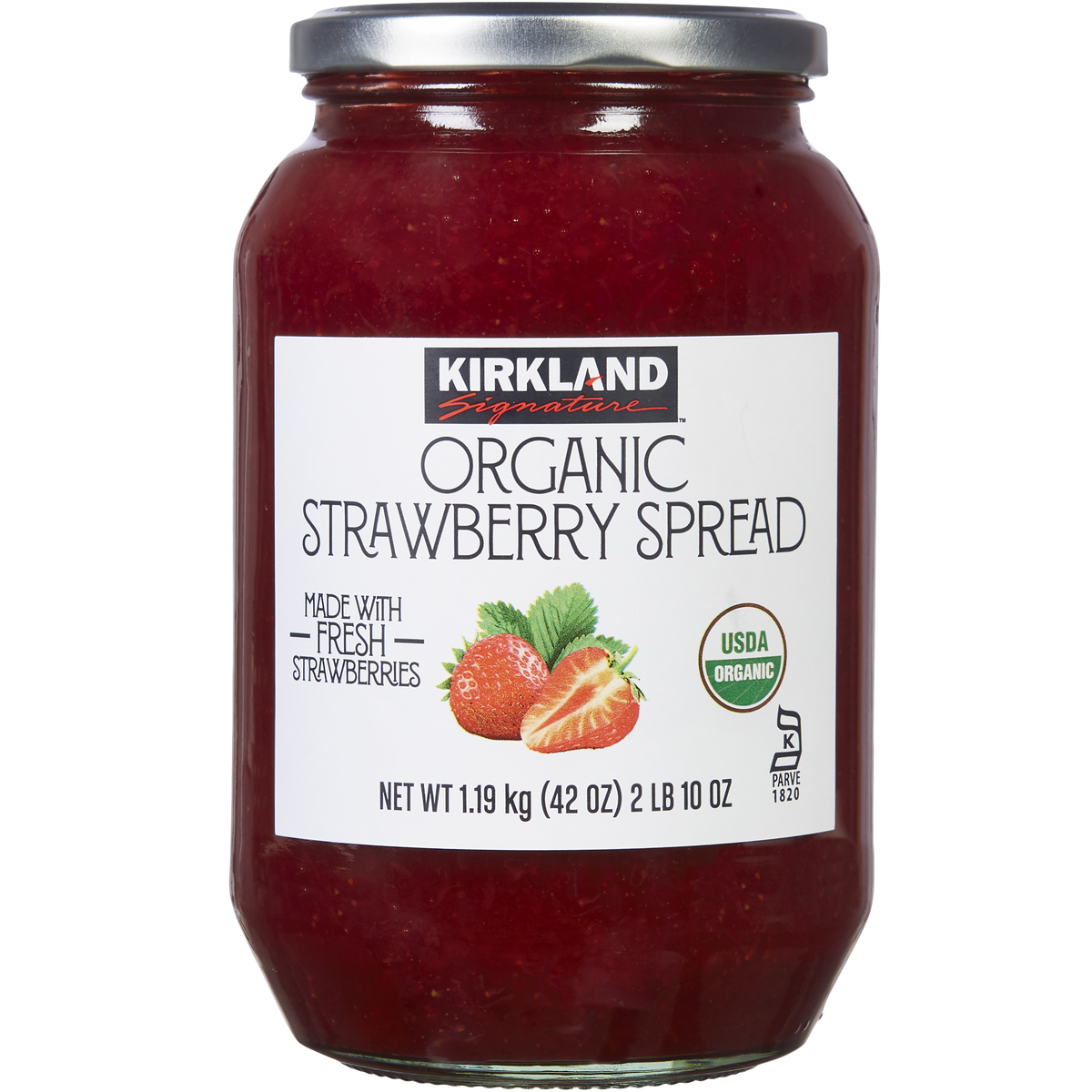 A jar of Kirkland Signature Organic Strawberry Spread, featuring images of strawberries on the label and text indicating it is made with fresh strawberries and USDA organic certified. Net weight is 42 oz (1.19 kg).