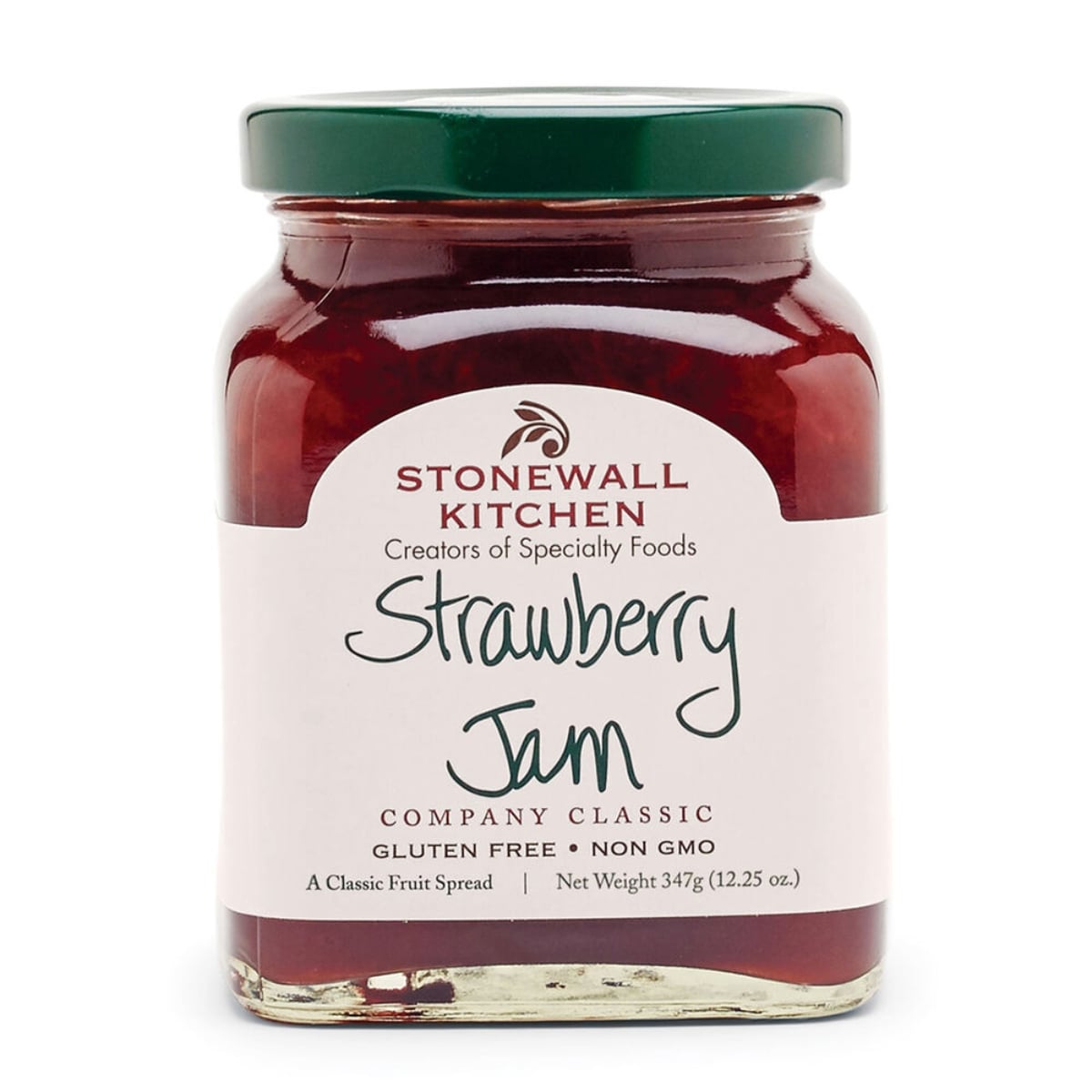 A clear glass jar of Stonewall Kitchen Strawberry Jam with a green lid. The label reads "Strawberry Jam" and highlights that it is gluten free, non-GMO, and weighs 12.25 oz (347g).