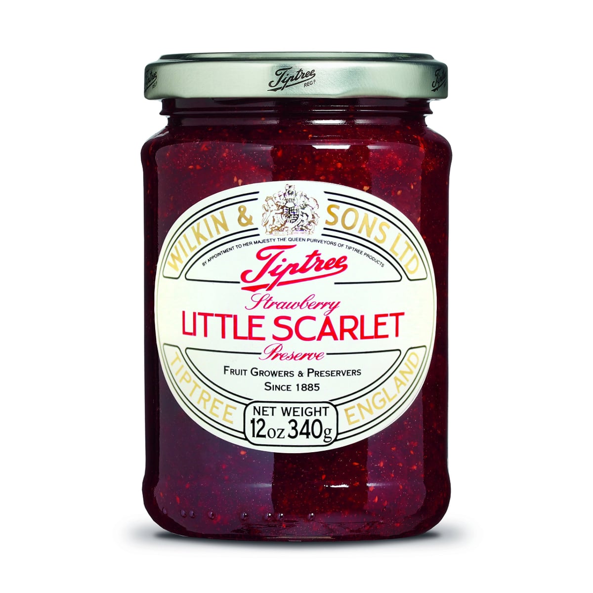 A glass jar of Tiptree Strawberry Little Scarlet Preserve with a silver lid. The label is cream-colored with red and black text, showing the weight as 12oz (340g) and featuring a gold Wilkin & Sons Ltd logo.