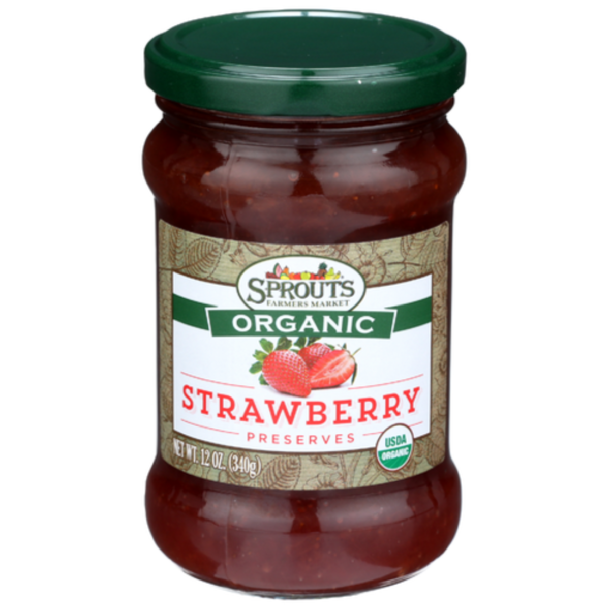 A glass jar of Sprouts Farmers Market Organic Strawberry Preserves with a green lid and a label featuring strawberries, the USDA Organic logo, and net weight of 12 oz (340g).