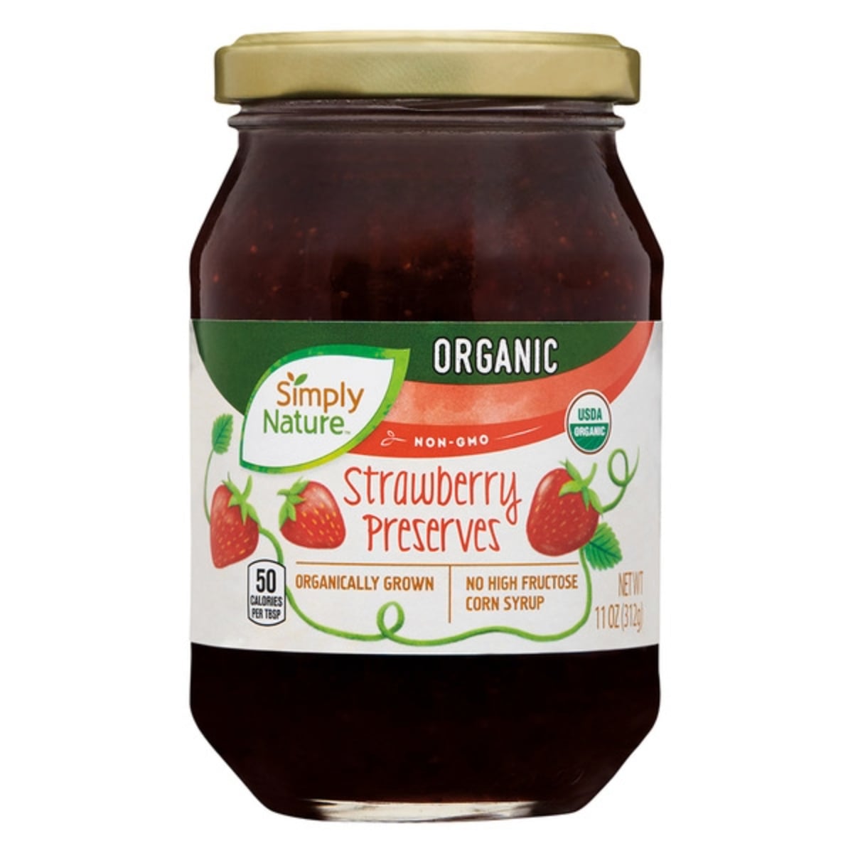 A glass jar of Simply Nature Organic Strawberry Preserves with a gold lid. The label features strawberries, and states it is non-GMO, USDA organic, with no high fructose corn syrup, 50 calories per serving, and net weight 11 oz.